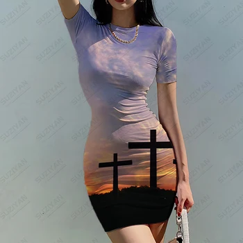 Summer Trend Retro suknelė Moteriška nauja plonai prigludusi džemperio suknelė trumpomis rankovėmis Klasikinė kryžiaus religinė 3D suknelė