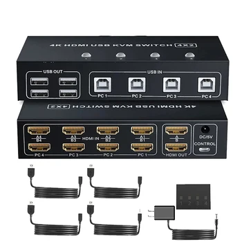 4 prievadas HDMI KVM jungiklis 4X2 4K 60Hz dvigubas monitorius HDMI USB KVM perjungiklis 4 in 2 out Išplėstinis ekranas 4 kompiuteriams Bendrinti pelės klaviatūrą